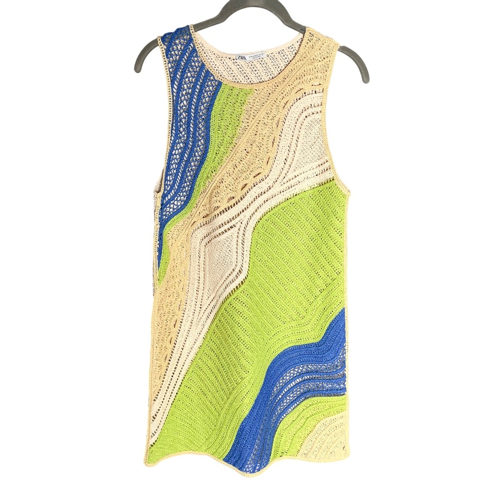 Zara Colorful Crochet Knit Dress Sz Medium Lime Green Blue Cream Sleeveless Mini